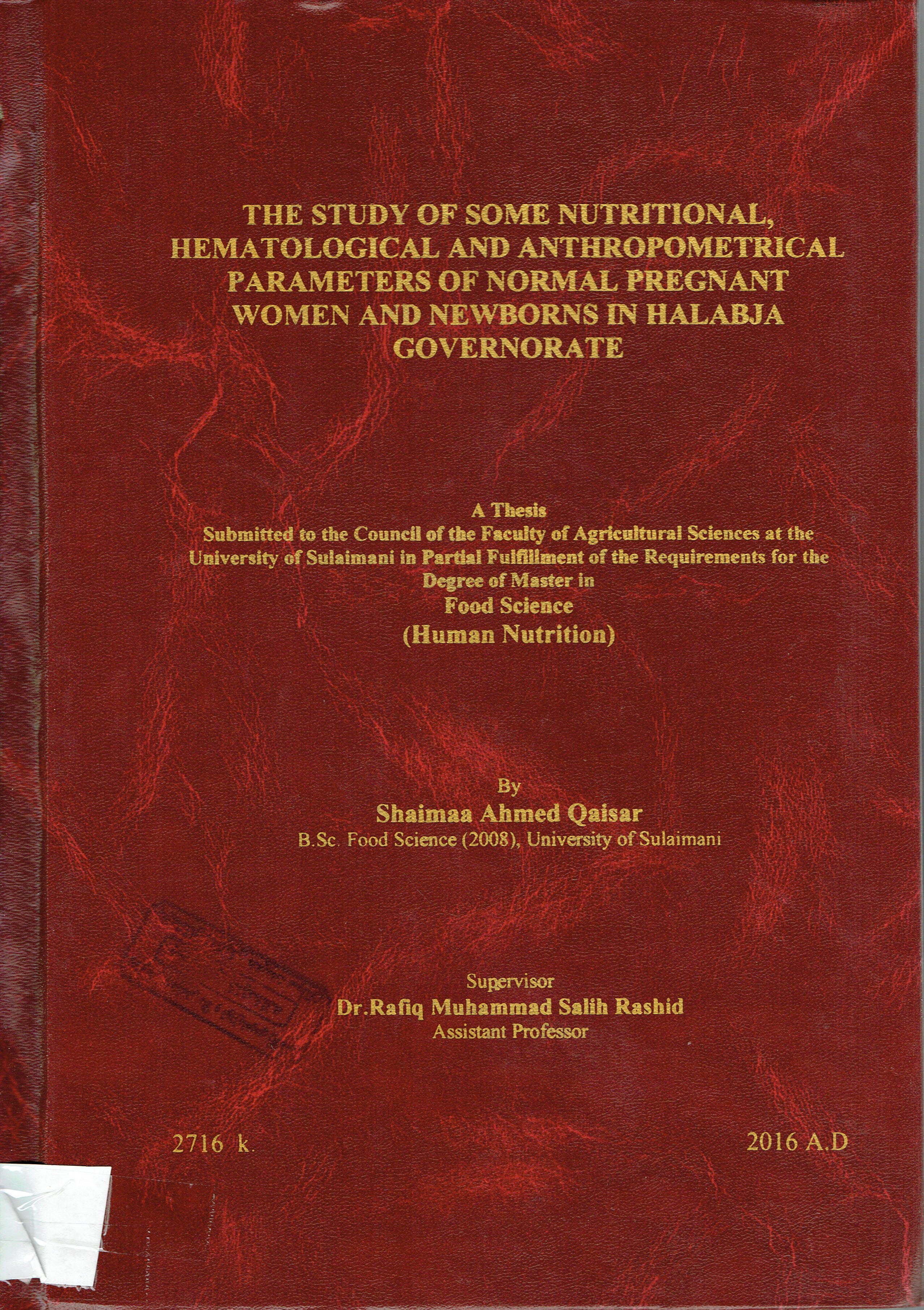 "The study of Same Nuteitional Hematological AND Anthropometrical Parameters of Normal pregnant   women and newborns in halabja Governorate 

