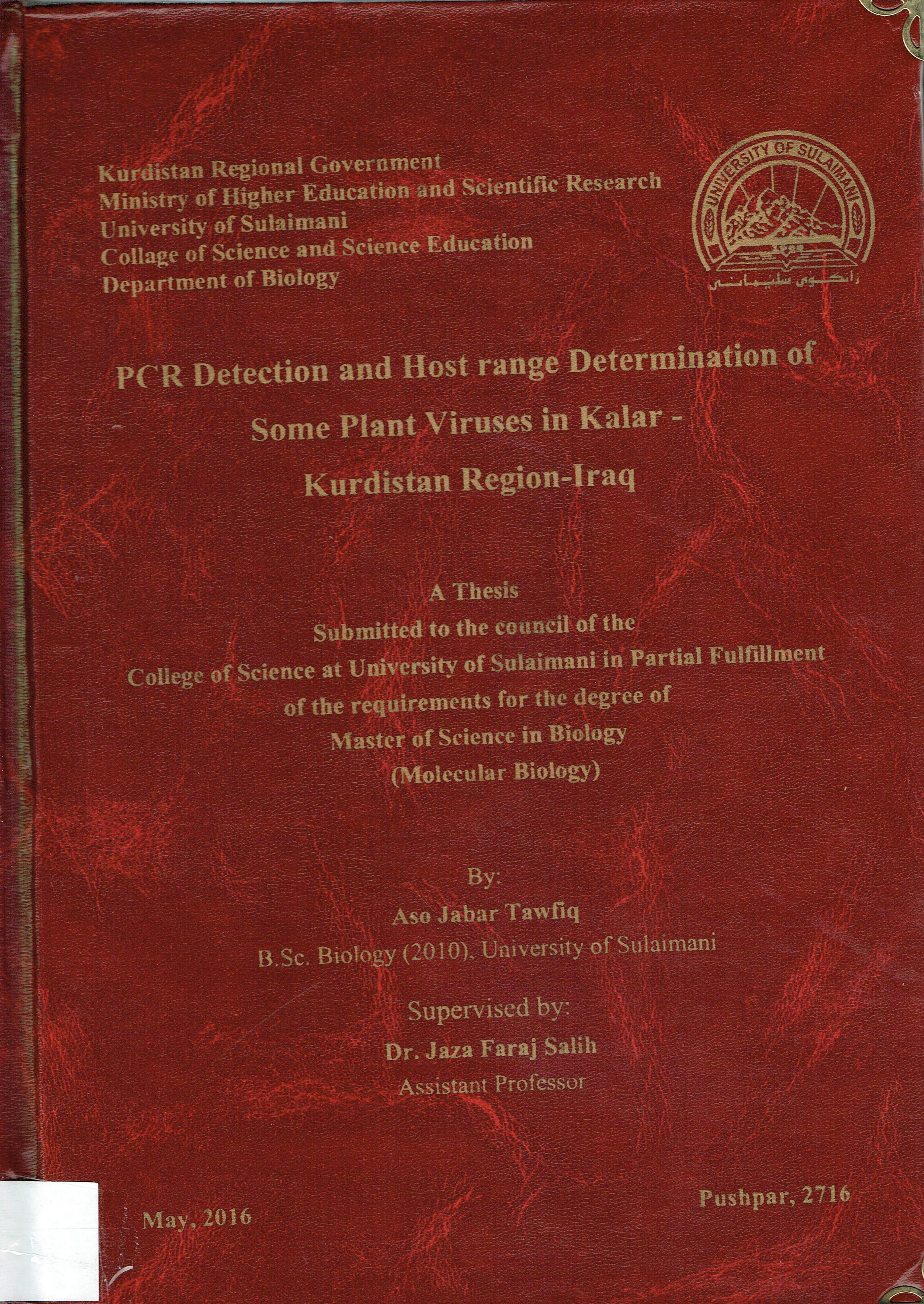PCR Detection and Host range Determination of Some Plant Viruses in Kalar- Kurdistan Region- Iraq
